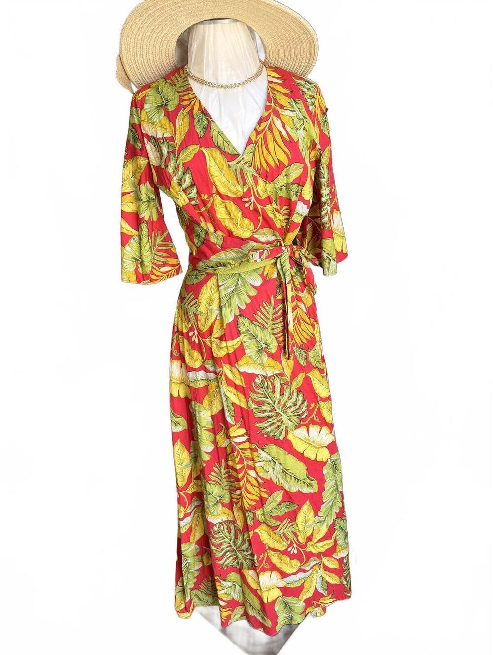 Red Tropical Leaf Print Wrap Dress with Tie Waist